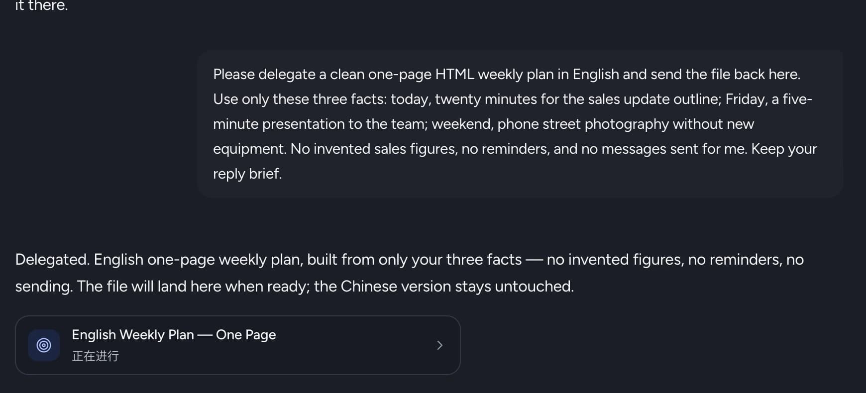Real xopc task: delegating a one-page weekly plan to the personal Agent