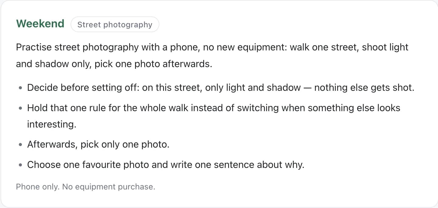 Real xopc output: a weekly plan revised to match the user's work and photography goals