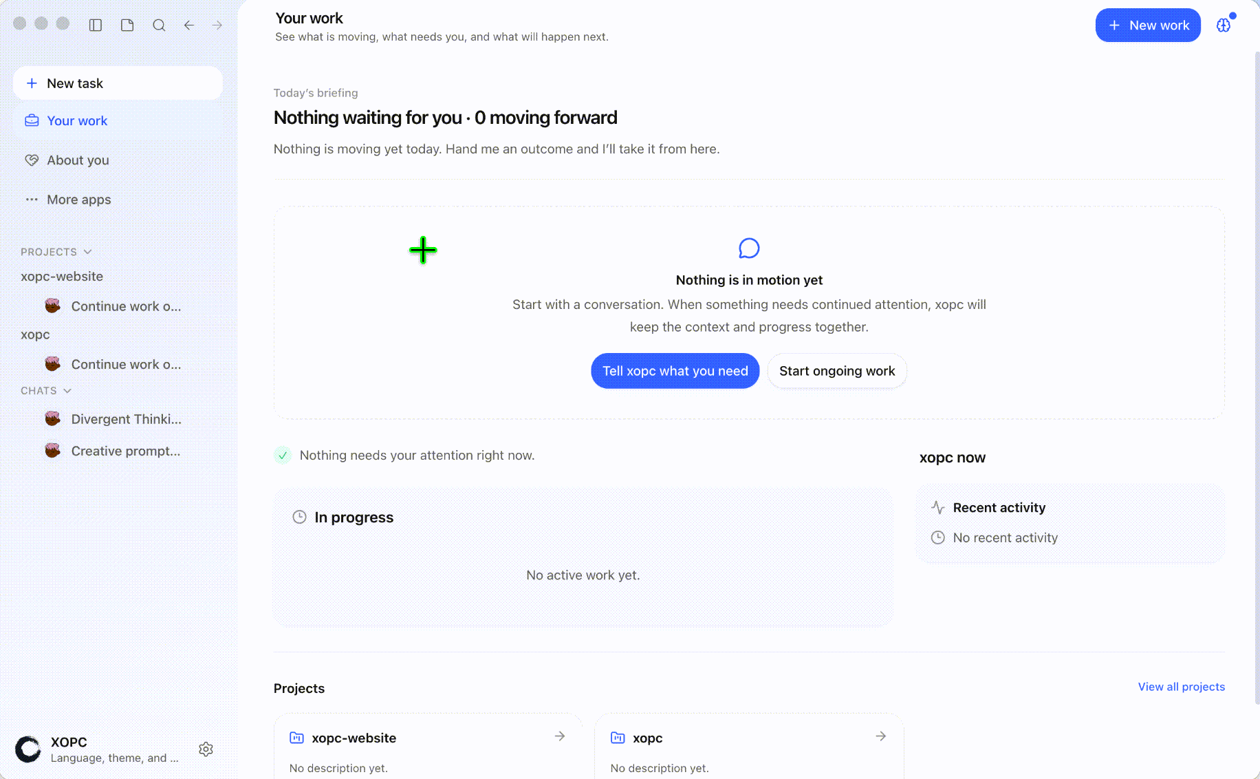 xopc desktop app showing current work, projects, tasks, and recent activity